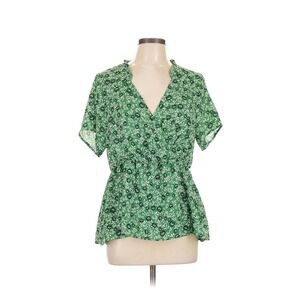 Bobeau Floral Peplum Blouse Womens Large Green Excellent Short Sleeve V-Neck